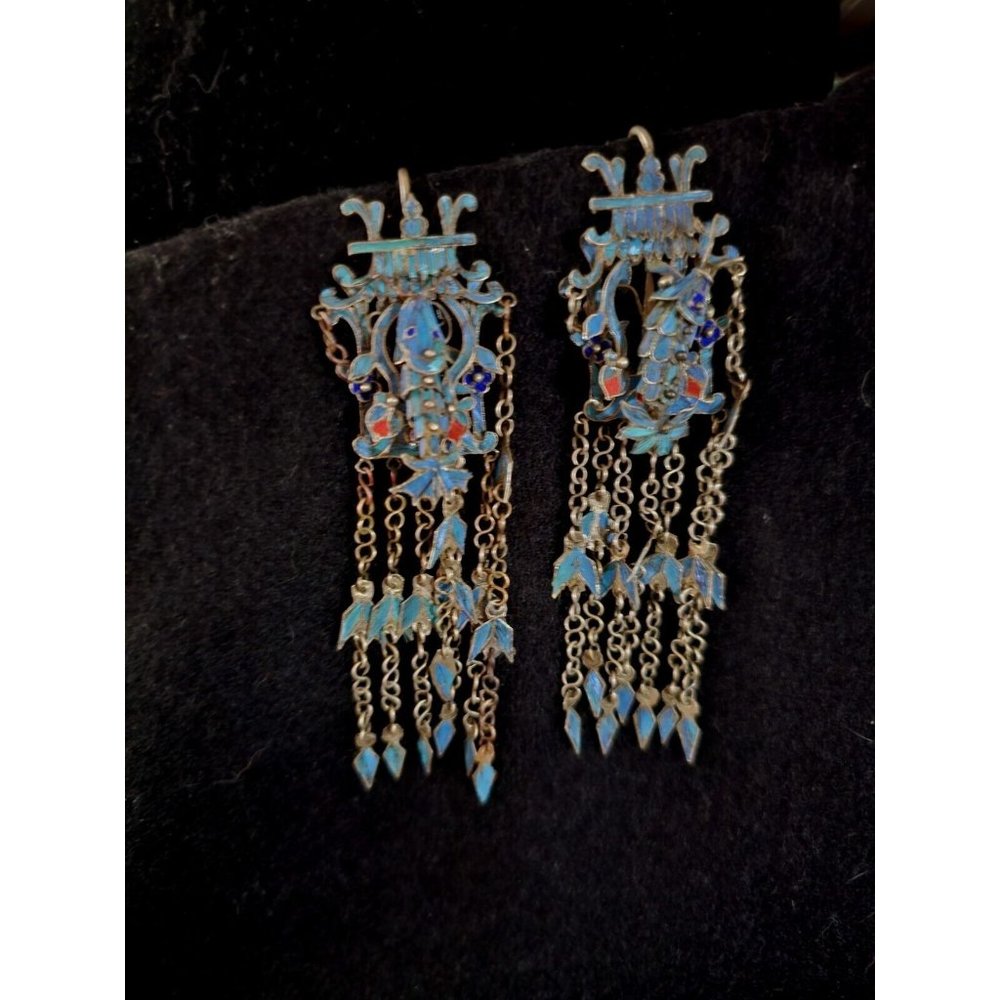 Antique Kingfisher Feather Dangling Hairpins  Rare 4 inch Turqoise Silver Carp